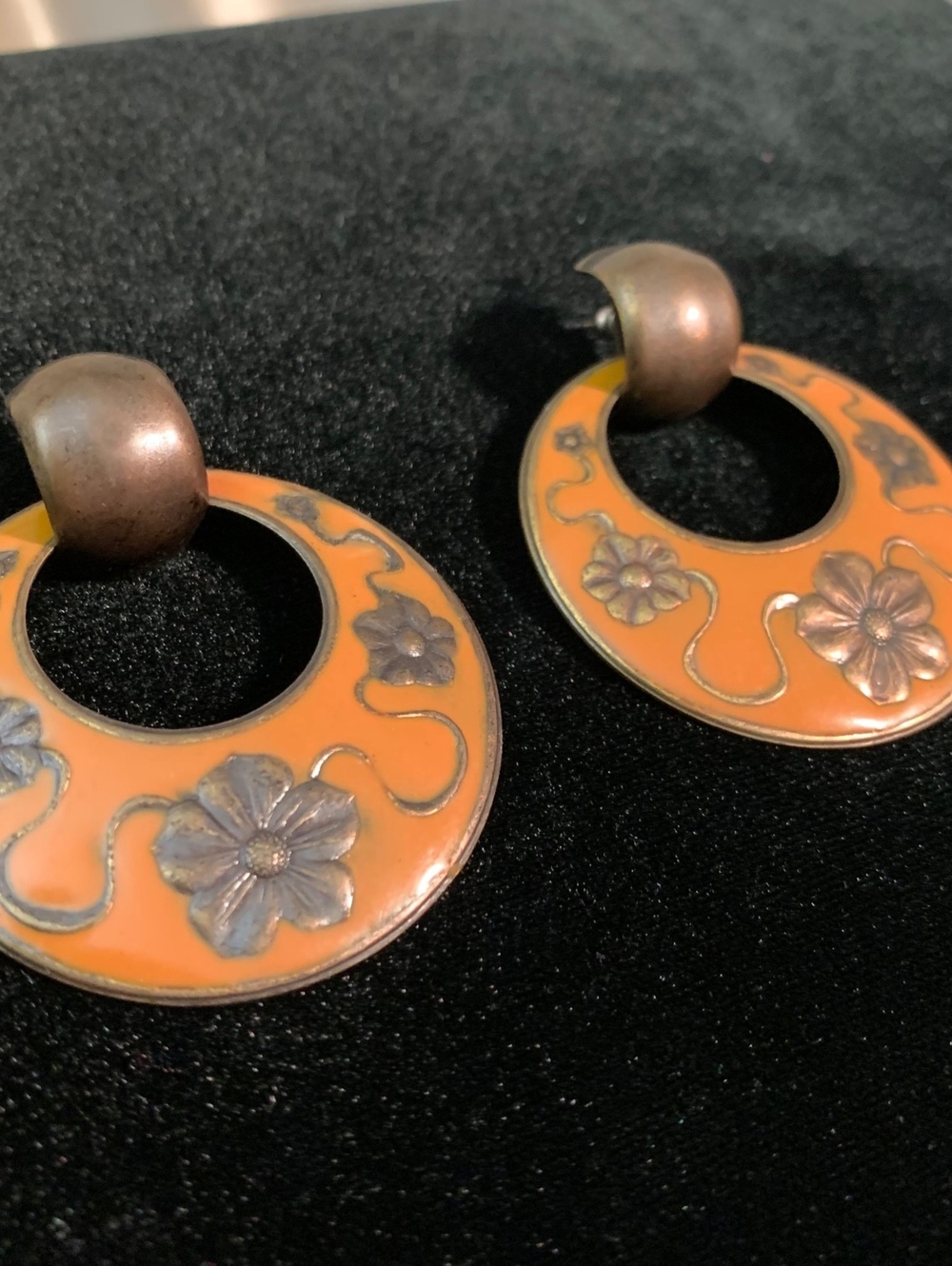 Hippie Orange Yellow Floral 70's 80's Enamel Hoop Earrings Statement Boho Dangle